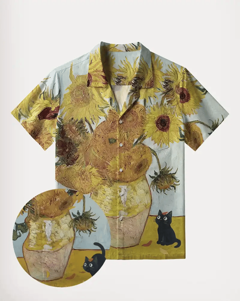 Van Gogh's Sunflowers with Black Cat